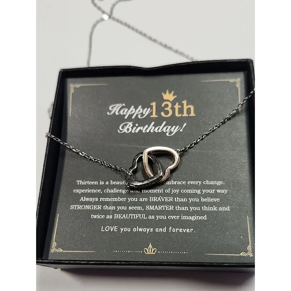 Interlocking Heart Pendant Necklace in Silver/Rose Gold Tone Happy 13th Birthday